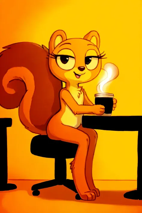 solo, kiff,  having coffee, holding cup, body fur, fur tufts, fur fluff, mouth closed, eyelashes, bald, short, [young], [[[[round eyes]]]], noodle arms, noodle legs, looking at viewer, sitting on chair, inside, cafe, (Kiff style), 2d, (big bushy squirrel tail), sfw,  <lora:Kiff_Disney:1>   <lora:Table_Town_Scenery_and_More_Kiff:0.5>