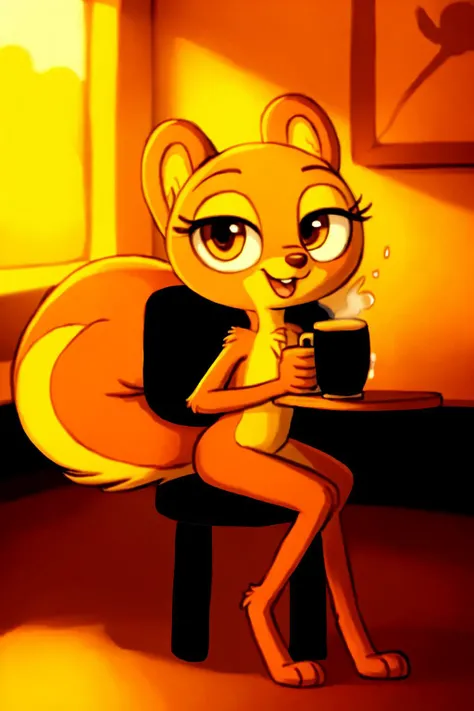 solo, kiff,  having coffee, holding cup, body fur, fur tufts, fur fluff, mouth closed, eyelashes, bald, [young], [[[[round eyes]]]], noodle arms, noodle legs, looking at viewer, sitting on chair, inside, cafe, (Kiff style), 2d, (big bushy squirrel tail), sfw,  <lora:Kiff_Disney:1>   <lora:Table_Town_Scenery_and_More_Kiff:0.5>