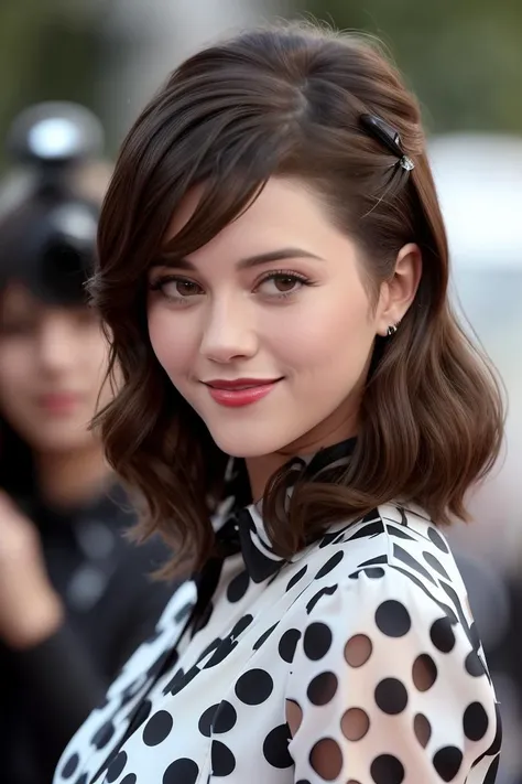 photo of (m3w1nst34d:0.99), a woman, (hair blowing in the wind), wearing an elegant polka black shirt, hair upsweep updo, movie premiere gala, with paparazzi on the background, (masterpiece), (best quality), (detailed), (8k), (HDR), (wallpaper), (cinematic lighting), (sharp focus), (intricate), (closeup) , looking at viewer, closeup, (holding purse:1.2), (smiling:1.2), (red lips)