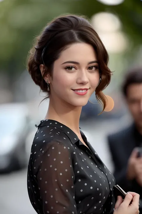 photo of (m3w1nst34d:0.99), a woman, (hair blowing in the wind), wearing an elegant polka black shirt, hair upsweep updo, movie premiere gala, with paparazzi on the background, (masterpiece), (best quality), (detailed), (8k), (HDR), (wallpaper), (cinematic lighting), (sharp focus), (intricate), (closeup) , looking at viewer, closeup, (holding purse:1.2), (smiling:1.2), (red lips)