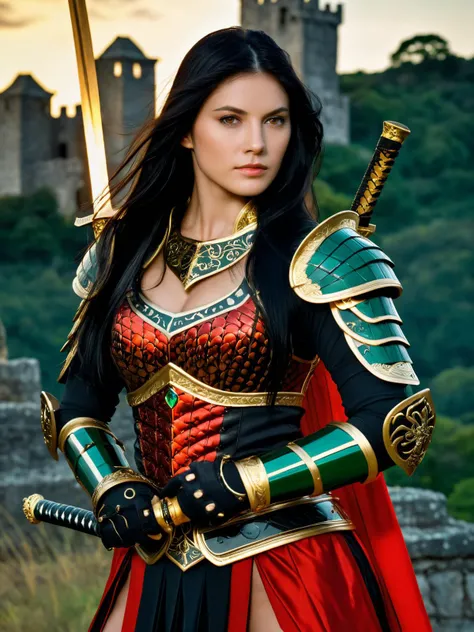 masterpiece,best quality,photoreal,hyper realistic,1girl,a photo of a beautiful warrior woman,Al3ks,portrait,ornate red and black armor,glowing katana sword,emerald jewelry,long black hair,gold breast plate,castle ruins background,<lora:Aleksandrina_Metart_XL:0.7>,