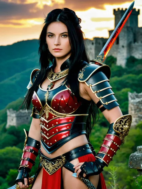 masterpiece,best quality,photoreal,hyper realistic,1girl,a photo of a beautiful warrior woman,Al3ks,portrait,ornate red and black armor,glowing katana sword,emerald jewelry,long black hair,gold breast plate,castle ruins background,<lora:Aleksandrina_Metart_XL:0.7>,