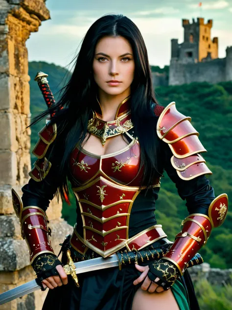 masterpiece,best quality,photoreal,hyper realistic,1girl,a photo of a beautiful warrior woman,Al3ks,portrait,ornate red and black armor,glowing katana sword,emerald jewelry,long black hair,gold breast plate,castle ruins background,<lora:Aleksandrina_Metart_XL:0.7>,