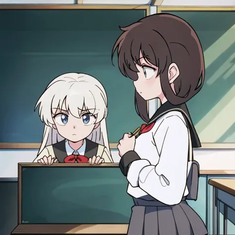 2girls, platinum blonde hair, brown_hair, school_uniform, chalkboard, classroom, <lora:ranma_style:0.6>