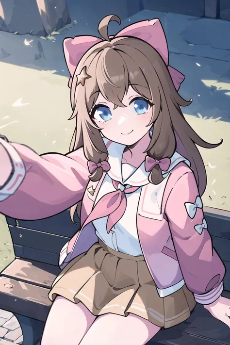 masterpiece, best quality, 1girl, cowboy shot, delicate eyes, looking at viewer, <lora:jiaranV23:1>, jiaran, brown hair, hair bow, pink jacket, blue eyes, park, sitting on bench, reaching towards viewer, selfie, dynamic angle, light smile, neckerchief, <lora:thickline_fp16:1>, white shirt, brown skirt