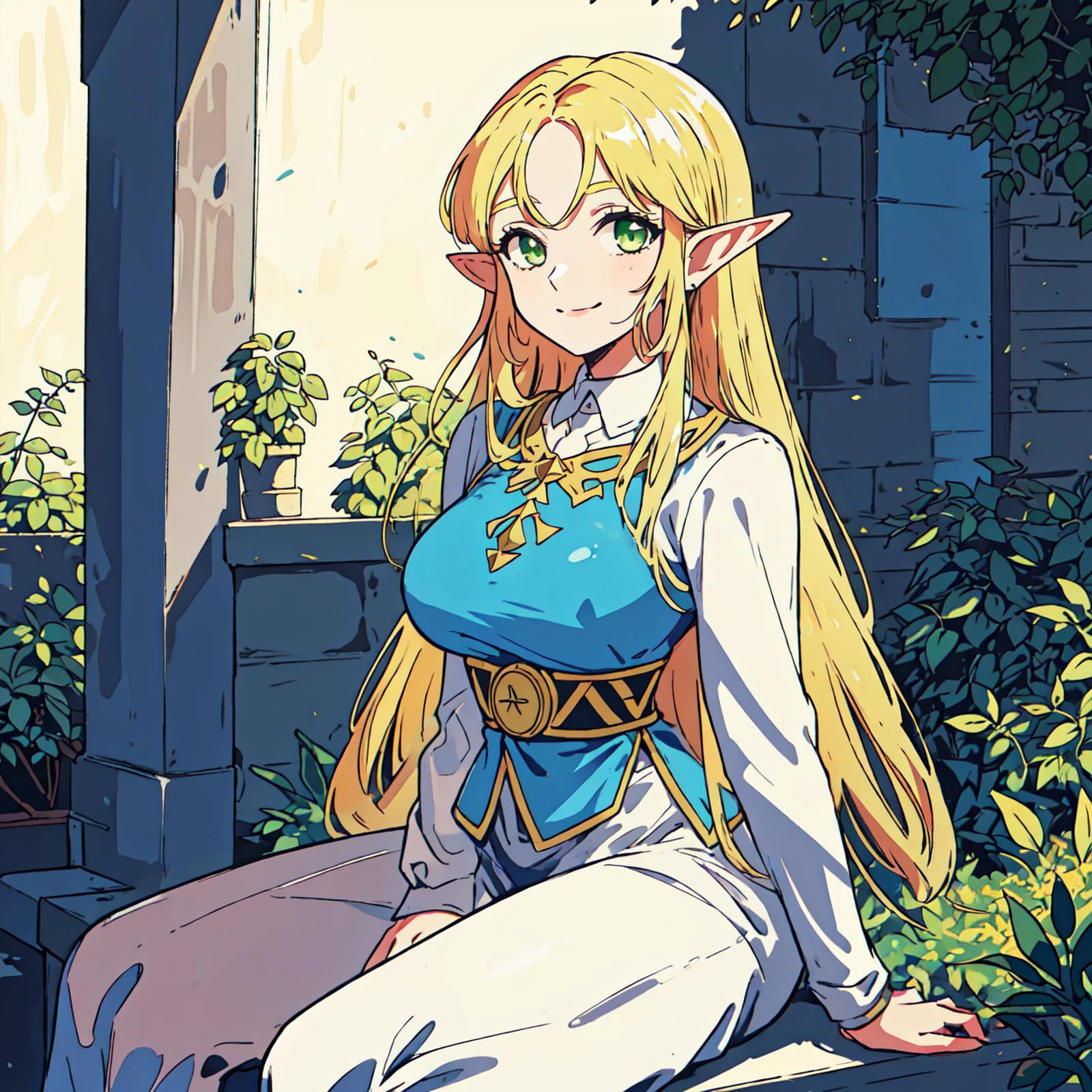 masterpiece, best quality, perfect details, princess zelda, 1girl, elf ears, green eyes, blond hair, long hair, sitting, courtyard, arms supporting self,, <lora:Addams:0.3> <lora:flat1:0.3> <lora:princess_zelda:0.6> <lora:thickline_fp16:0.4>, corner of mouth smile, looking at viewer, <lora:ç¼çå:0.8>