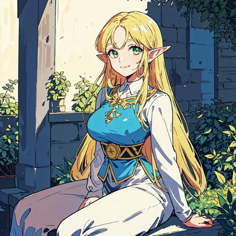 masterpiece, best quality, perfect details, princess zelda, 1girl, elf ears, green eyes, blond hair, long hair, sitting, courtyard, arms supporting self,, <lora:Addams:0.3> <lora:flat1:0.3> <lora:princess_zelda:0.6> <lora:thickline_fp16:0.4>, corner of mouth smile, looking at viewer, <lora:ç¼çå:0.8>