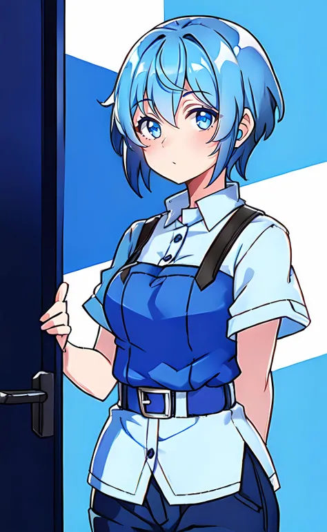 1girl, short hair, blue hair, blue eyes, short sleeves