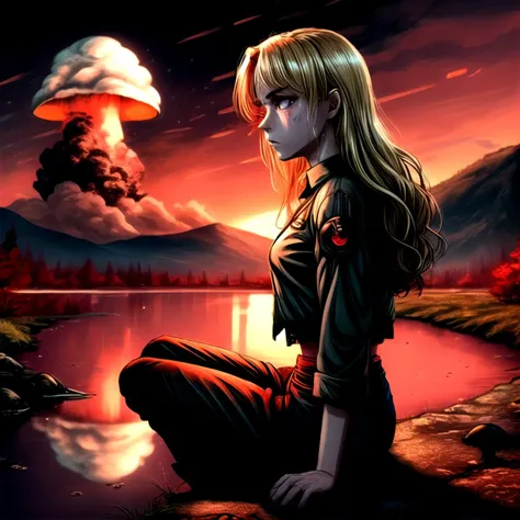 (mushroom cloud background), skinny 1girl, 18 years old, small breasts, portrait, lace underwear, jean, loose fitting sweater, forward facing, face close-up, wavy blonde hair, sitting by a river, emotional, tears from eyes, crying, beautiful face, nuclear bomb background, bomb, red skies, 3d, anime, <lora:thickline_fp16:0.5>, <lora:add_detail:0.7>
