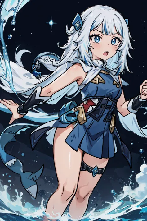 best quality, intricate details,, best quality, intricate details,
1girl, white hair, blue eyes, sharp eyes,messy hair, blue highlights, sharp teeth,multicolored_hair,long hair,
virtual_youtuber, gawr_gura, <lora:gawrGuraHololive_v3:0.8> gawr gura,
shark teeth design, bare legs, shark girl, shark print, shark hair ornament,
flowing water, space background, black background, nebula
<lora:neonbeatArtstyleLora_v10:0.8> neonbeat, veibae, <lora:thickerLinesAnimeStyle_loraVersion:0.8>