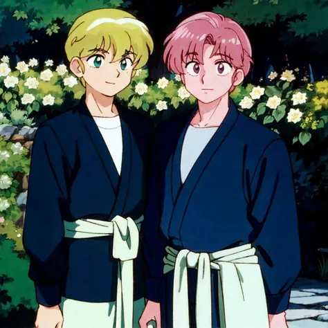 2boys, (garden:0.904), (nature:0.898), (smile:0.886), (outdoors:0.871), hand around waist, pink_hair, blonde_hair <lora:ranma_style_v2:0.6>