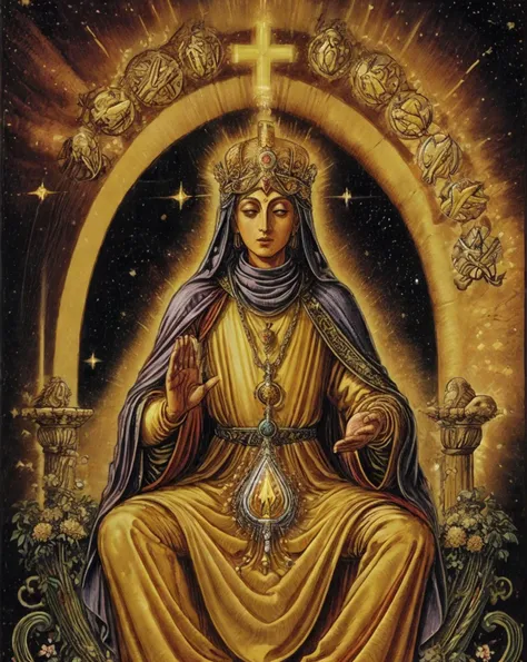 tarot card Card V - The Hierophant: In the Tarot card for The Hierophant, a luminous figure in resplendent religious robes takes center stage. The card is a tapestry of intricate details and vibrant colors, conveying a sense of enlightenment, tradition, and spiritual guidance. It features the following elements: The Hierophant: The central figure, The Hierophant, exudes an aura of wisdom and spiritual authority. He is adorned in opulent, flowing robes that shimmer with an ethereal glow, symbolizing his connection to the divine. The robes are adorned with intricate golden embroidery, representing the sacred knowledge he imparts. Triple Crown: Atop The Hierophant's head rests a magnificent triple-tiered crown, radiating with an otherworldly light. The crown is encrusted with rare gemstones, each emitting a different colored light, symbolizing the multifaceted nature of his spiritual wisdom. Scepter: The Hierophant holds a regal scepter in one hand, intricately carved with sacred symbols that seem to come to life. The scepter gleams with a radiant, golden energy, signifying his spiritual authority and guidance. Throne: The Hierophant is seated on a majestic throne adorned with resplendent, iridescent materials that catch the light in a mesmerizing dance. The throne is engraved with intricate motifs and symbols from various spiritual traditions, emphasizing his role as a bridge between belief systems. Columns: Behind The Hierophant, two towering, alabaster columns rise, bathed in a divine, golden light. They are adorned with cascading vines and blossoms, representing the unity of earthly and spiritual realms. The columns appear to reach into the heavens, symbolizing the profound connection between the material world and the divine. The Hierophant's presence emanates a sense of grandeur, spirituality, and profound wisdom. He stands as a beacon of enlightenment, encouraging seekers to explore the depths of traditional wisdom and connect with the sacred teachings that have shaped our understanding of the world. The Tarot card for The Hierophant is a testament to the radiant beauty of spiritual knowledge and the boundless potential for enlightenment., <lora:Tarotv0.2:0.6>, <lora:add_detail:0.8>, <lora:more_details:0.8>,outline für character, <lora:thickline_fp16:0.8>