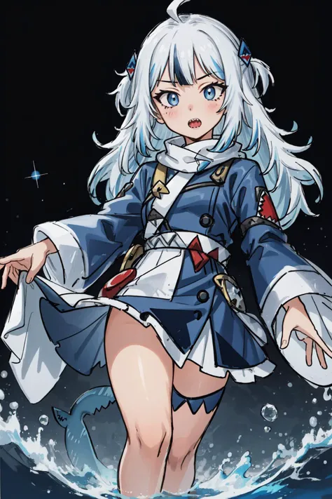 best quality, intricate details,, best quality, intricate details,
1girl, white hair, blue eyes, sharp eyes,messy hair, blue highlights, sharp teeth,multicolored_hair,long hair,
virtual_youtuber, gawr_gura, <lora:gawrGuraHololive_v3:0.8> gawr gura,
shark teeth design, bare legs, shark girl, shark print, shark hair ornament,
flowing water, space background, black background, nebula
<lora:neonbeatArtstyleLora_v10:0.8> neonbeat, veibae, <lora:thickerLinesAnimeStyle_loraVersion:0.4>