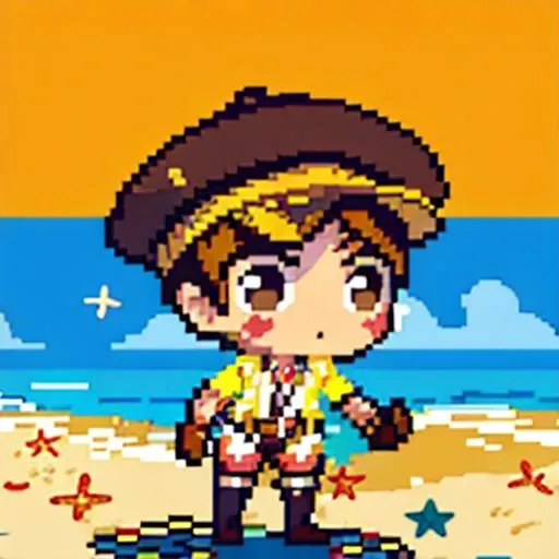 masterpiece, best quality, highly quality , <lora:ryza:0.7> , riza,  brown hair, single glove, thighhighs, brown eyes, red shorts, jewelry, belt, hat, white headwear, necklace, yellow jacket, hair ornament, short hair, brown glove, shirt ,  beach background , , pixel art , chibi , full body  <lora:pixel:1> <lora:thickline_fp16:1>