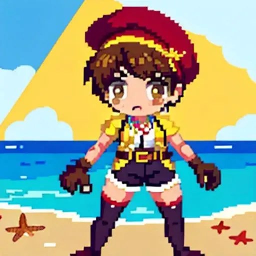 masterpiece, best quality, highly quality , <lora:ryza:0.7> , riza,  brown hair, single glove, thighhighs, brown eyes, red shorts, jewelry, belt, hat, white headwear, necklace, yellow jacket, hair ornament, short hair, brown glove, shirt ,  beach background , , pixel art , chibi , full body  <lora:pixel:1> <lora:thickline_fp16:1>