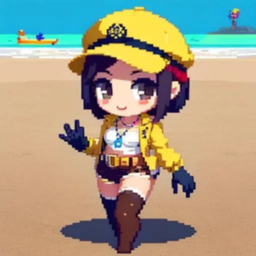 masterpiece, best quality, highly quality , <lora:ryza:0.7> , riza, brown hair, single glove, thighhighs, brown eyes, red shorts, jewelry, belt, hat, white headwear, necklace, yellow jacket, hair ornament, short hair, brown glove, shirt , beach background , <lora:pixel:0.7> , pixel art , chibi , full body