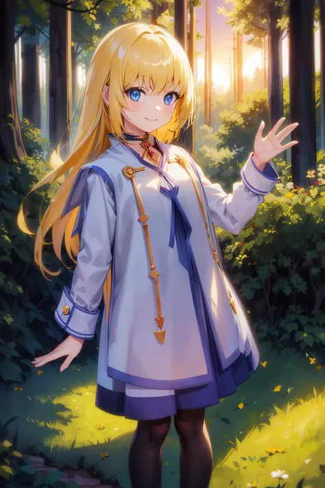 ((masterpiece, best quality)), vibrant colors
<lora:colette_brunel:1> , 1girl, solo, (child:1), colette brunel, long hair, smiling, waving,
<lora:gachaSplashLORA_gachaSplashFantasy:0.5>, mid shot, (rich in details), sunset sky background, (forest decoration), (horrible atmosphere), Tindal effect, (Balance and coordination between all things)
