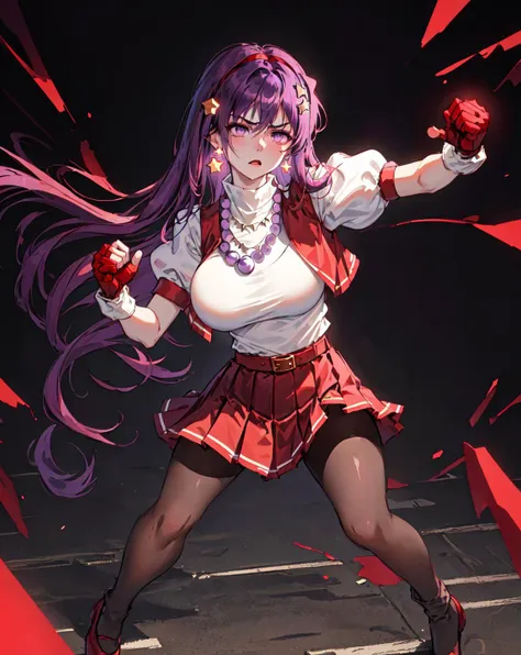 masterpiece, best quality, beautiful and aesthetic, photo of 1girl, athena97, purple eyes, purple hair, long hair, earrings, red shoes, red hairband, star hair ornament, (white socks:1.1),angry, (fighting stance:1.3), big breast, red open vest, white turtleneck, white puffy sleeves, short sleeves,yellow belt, red pleated skirt, deep red pantyhose,(puple spherical necklace:1.3), red fingerless gloves, cosplay photo, cyberpunk background,realstic, <lora:Athena97final:0.65>