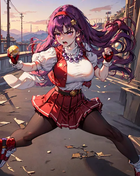masterpiece, best quality, beautiful and aesthetic, photo of 1girl, athena97, purple eyes, purple hair, long hair, earrings, red shoes, red hairband, star hair ornament, (white socks:1.1),angry, (fighting stance:1.3), big breast, red open vest, white turtleneck, white puffy sleeves, short sleeves,yellow belt, red pleated skirt, deep red pantyhose,(puple spherical necklace:1.3), red fingerless gloves, cosplay photo, atient greece background,realstic, <lora:Athena97final:0.65>