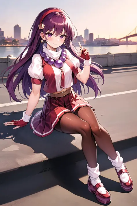 (masterpiece, top quality, best quality, official art, beautiful and aesthetic:1.2), (1girl:1.3), (fractal art:1.3),
solo, athena97,
red shoes,(white socks:1.3),red pantyhose,
purple eyes, purple hair, long hair,red hairband, white turtleneck,white puffy sleeves,red pleated skirt,yellow belt,puple spherical necklace,red fingerless gloves,red open vest,
star hair ornament, earrings
medium breats,short sleeves,lying, crossed legs,
outdoors,city background,closed mouth,
<lora:Athena97:0.8>