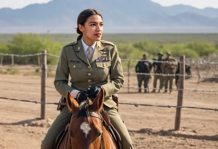 stunning cinematic photo of alexandria_ocasio_cortez patrolling the southern border on a horse, dressed in a military uniform, holding a whip, a barbed wire fence in the background, bokeh, <lora:alexandria_ocasio_cortez_aoc_sdxl_60:0.75>
