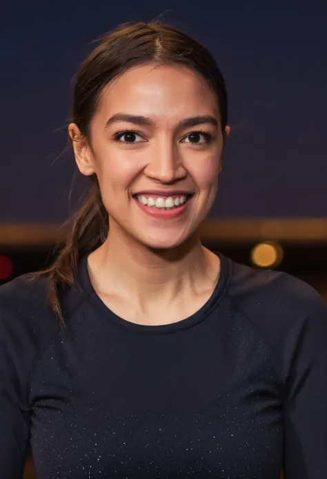 photo of smiling alexandria_ocasio_cortez with her hair in a ponytail, wearing spandex exercise clothing, age 25, cinematic lighting, (full body:1.5), bokeh, <lora:alexandria_ocasio_cortez_aoc_sdxl_60:0.8>