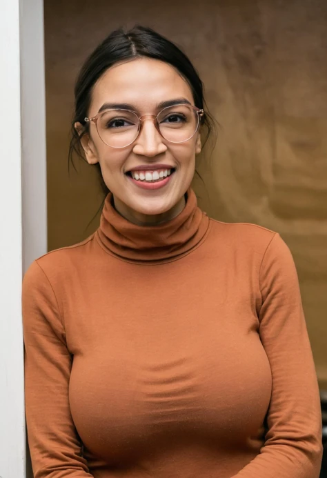 an exquisite medium photograph of alexandria_ocasio_cortez wearing a tight turtleneck sweater and glasses, 85mm medium format photo, radiant smile, joyful mood,( large breasts:2.0), <lora:alexandria_ocasio_cortez_aoc_sdxl_60:0.8>