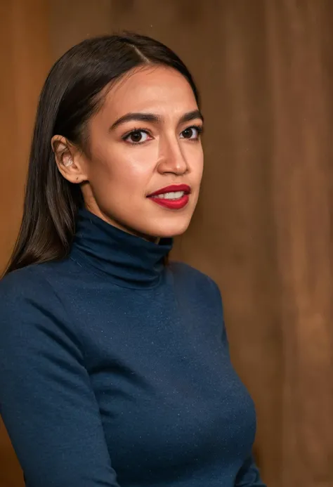 stunning photo of alexandria_ocasio_cortez wearing a tight turtleneck and jeans, medium shot, bokeh, <lora:alexandria_ocasio_cortez_aoc_sdxl_60:0.8>