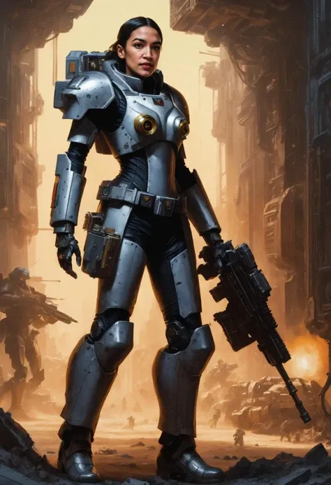 an exquisite full-body depiction of alexandria_ocasio_cortez dressed as a space marine,( power armor:1.5), mecha,  warhammer 40k aesthetic, holding a giant sci-fi gun, grimdark, oil painting, <lora:alexandria_ocasio_cortez_aoc_sdxl_60:0.8>