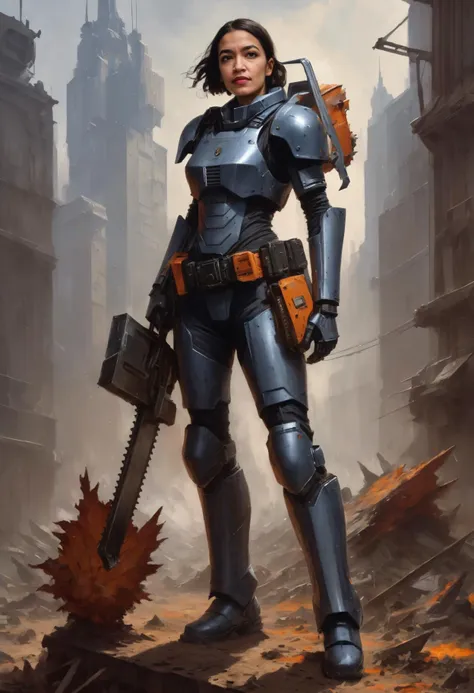 an exquisite full-body depiction of alexandria_ocasio_cortez dressed as a space marine,( power armor:1.5), mecha,  warhammer 40k aesthetic, holding a giant (chainsaw sword:2.0), grimdark, oil painting, <lora:alexandria_ocasio_cortez_aoc_sdxl_60:0.8>