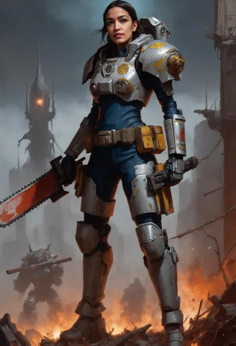 an exquisite full-body depiction of alexandria_ocasio_cortez dressed as a space marine,( power armor:1.5), mecha,  warhammer 40k aesthetic, holding a giant (chainsaw sword:2.0), grimdark, oil painting, <lora:alexandria_ocasio_cortez_aoc_sdxl_60:0.8>