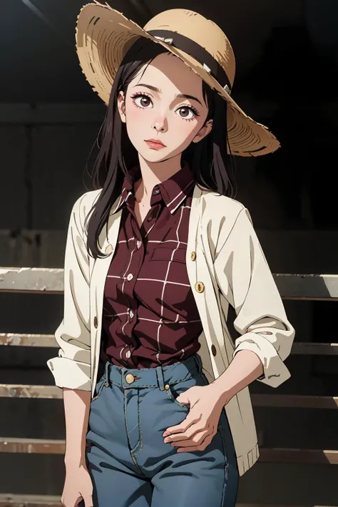 ( detailed realistic background:1), ( official art, beautiful and aesthetic:1 ), realistic lighting, cinematic lighting, hyperrealism, soothing tones, muted colors, high contrast, soft light, sharp, artistic photoshoot, ( cute, petite ), slender, pale cheeks, square face shape with angular jaw, natural "no-makeup" makeup, fair-haired girl at the rodeo next to the horse, rodeo, ((red checkered shirt)), cowboy hat