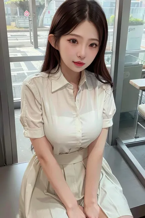 (skin blemish:0.8), (skindentation), black eye, 1woman, 25yo, (((woman))), solo, realistic, best quality, photorealistic, masterpiece, 8k, high res, solo, extremely detailed face, (professional lighting, bokeh), (light particles, lens flare, glowing particles:0.6), (dynamic pose:1.2), soft lighting, top angle view, fashionable and trendy atmosphere, China, Shanghai, street, city, park, shop, river, ((daytime)), sky, ((looking at the viewer:1)), (looking at the camera),(portrait:0.6), cowboy shot, gorgeous, standing, hands down, keep original facial proportion, wide shoulder, full body, (medium breast), (medium hair), brown hair, floating hair, lips, lipstick, floating hair, smile, open_mouth, teeth, office suit, short sleeves shirt, blouse, uniform, long skirt, eyelashes, mole, (mole under eye:1), <lora:ZBZ:0.8>