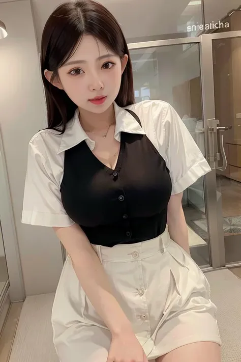 masterpiece, best quality, illustration, Super detailed, fine details, High resolution, 8K,wall paper, perfect dynamic composition,(Details High quality, realistic depiction of eyes:1.3), (collared polo shirt), pleated skirt, knee high socks, short bob hair, black hair color, Big Natural Color Lip, bold sexy pose, crying a little、cold gaze, Harajuku style、20 year old girl、cute type、lolita、beautiful legs, hotel room, hposing Gravure Idol, Voluptuous thighs