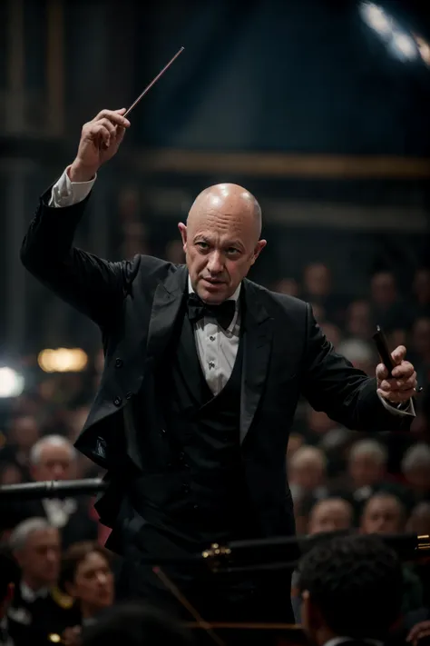 cinematic photo on Fujifilm XT3, key light,  prigozhin, 1man, solo, looking at viewer, (expressions:1.2),  black suit, tailcoat, bow tie, conductor, (holding a wand:0.5), (orchestra:1.1), conducts the orchestra, stage, podium
<lora:Prigozhin:1>   <lora:epi_noiseoffset2:1>, (cinematic look:1.4), soothing tones, insane details, intricate details, hyperdetailed, low contrast, soft cinematic light, dim colors, exposure blend, hdr, faded, slate gray atmosphere, 35mm photograph, film, bokeh, professional, 4k, highly detailed