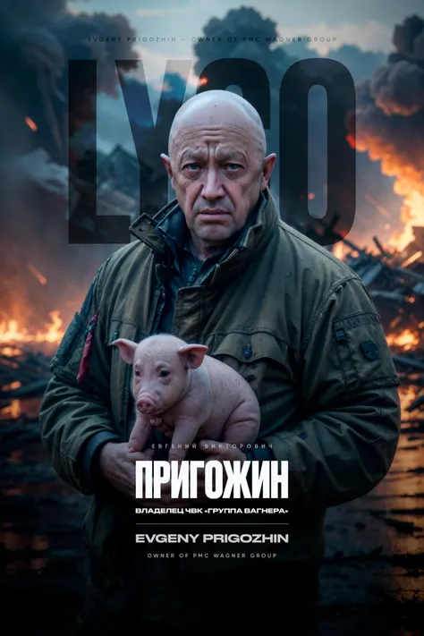 ((masterpiece, best quality, high quality, highres, ultra-detailed)), prigozhin, man, brown military jacket, (holding piggy on his hands:1.2), outdoors, (ruined city:0.9), (fire:1.3), smoke, (explosion:1.2), at war, portrait, (dark shot, night:1.2) , sky, cowboy shot, 
<lora:Prigozhin:1>  <lora:add_detail:0.2>, (cinematic look:1.4), soothing tones, insane details, intricate details, hyperdetailed, low contrast, soft cinematic light, dim colors, exposure blend, hdr, faded, slate gray atmosphere