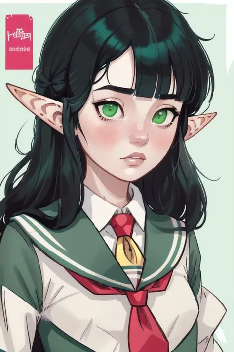 <lora:Andava1e4:1>, <lora:Fei_Ciel:0.7> Fei Ciel, elf girl, green eyes, black hair, green sailor uniform, gray school uniform, green ascot tie,