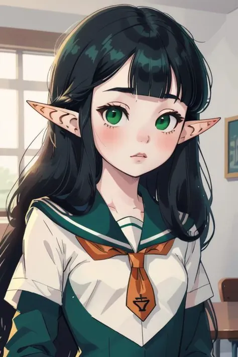 <lora:Fei_Ciel:0.7> Fei Ciel, elf girl, green eyes, blacdk hair, green sailor uniform, gray school uniform, orange ascot tie,