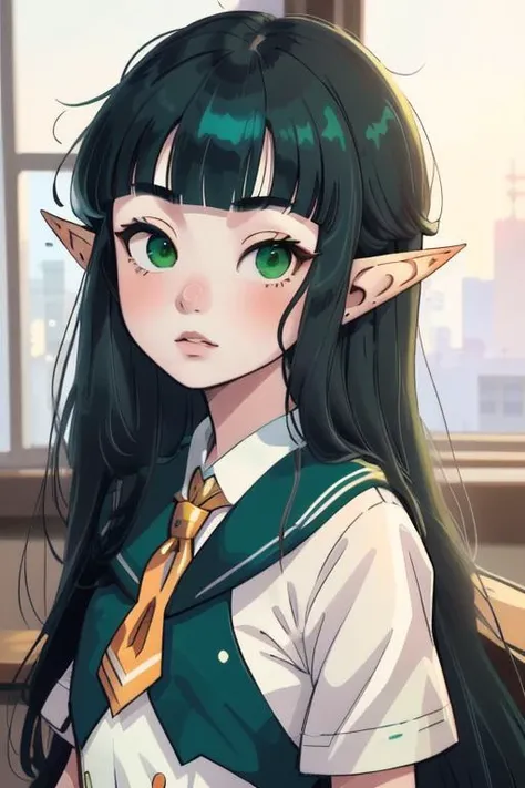 <lora:Fei_Ciel:0.8> Fei Ciel, elf girl, green eyes, blacdk hair, green sailor uniform, gray school uniform, orange ascot tie,