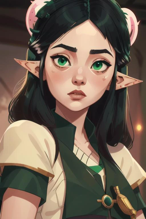 <lora:arcane_offset:0.75> arcane style, <lora:Fei_Ciel:0.8> Fei Ciel, elf ears, green eyes, black hair,