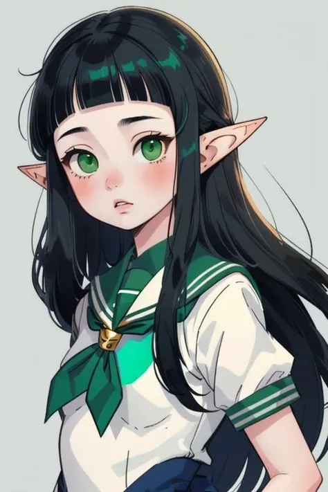 <lora:Fei_Ciel:0.7> Fei Ciel, elf girl, green eyes, blacdk hair, green sailor uniform, gray school uniform, orange ascot tie,