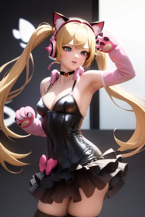 masterpiece, best quality, <lora:last_lucky_cloe:0.5>, 1girl, animal ear headphones, animal hands, blonde hair, bangs, cat ear headphones, cat paws, fake animal ears, gloves, hair ornament, headphones, ribbon, twintails, pink theme, blue eyes, dress, lucky cloe, chocker, cat tail, concert, back view,