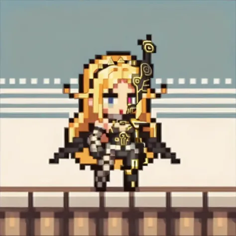 score_9, score_8_up, score_7_up, source_anime, BREAK 1girl, <lora:ChibiPixelArt_XLPD:0.85> chibi, pixel art, full body, <lora:NaamahSMT-pdxl:1> naamah, long hair, colored skin, half mask, heterochromia, lipstick, hairband, black wings, cyborg, mechanical arm, fishnet gloves, asymmetrical gloves, fishnets, asymmetrical legwear, mechanical leg