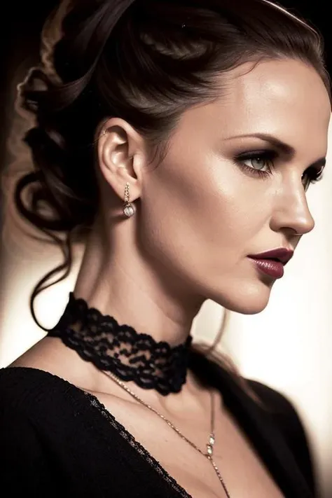 photo of carlap-2000:0.99, closeup portrait, hair updo, lipstick, (cleavage, sideface), sweater, dark moody ambience, petite, (masterpiece:1.2) (photorealistic:1.2) (bokeh) (best quality) (detailed skin:1.2) (intricate details) (nighttime) (8k) (HDR) (cinematic lighting) (sharp focus), (closeup portrait:1.1), (choker)