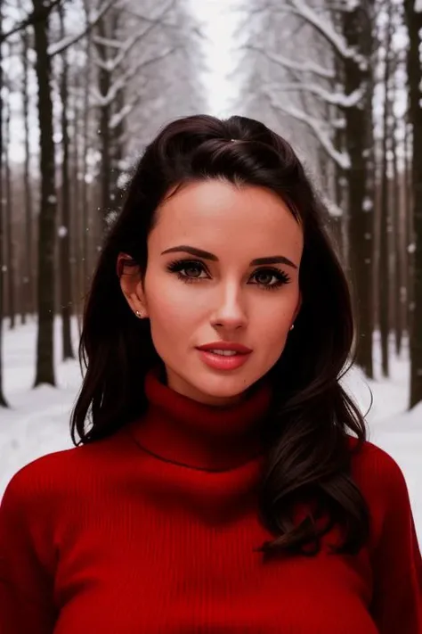 photo of (carlap:0.99), a woman, RAW, close portrait photo, (closeup, portrait), (detailed eyes, detailed face):1.2), (turtleneck sweater), (forest, snow), 8k uhd, dslr, soft lighting, high quality, film grain, Fujifilm XT3 sharp focus, f 5.6
