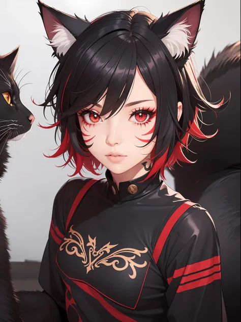 1girl, black hair, cat boy, dark skin, facial mark, hair between eyes,lips, looking at viewer, male focus, neck tattoo, parted lips, red eyes, red hair, short hair, slit pupils, solo,