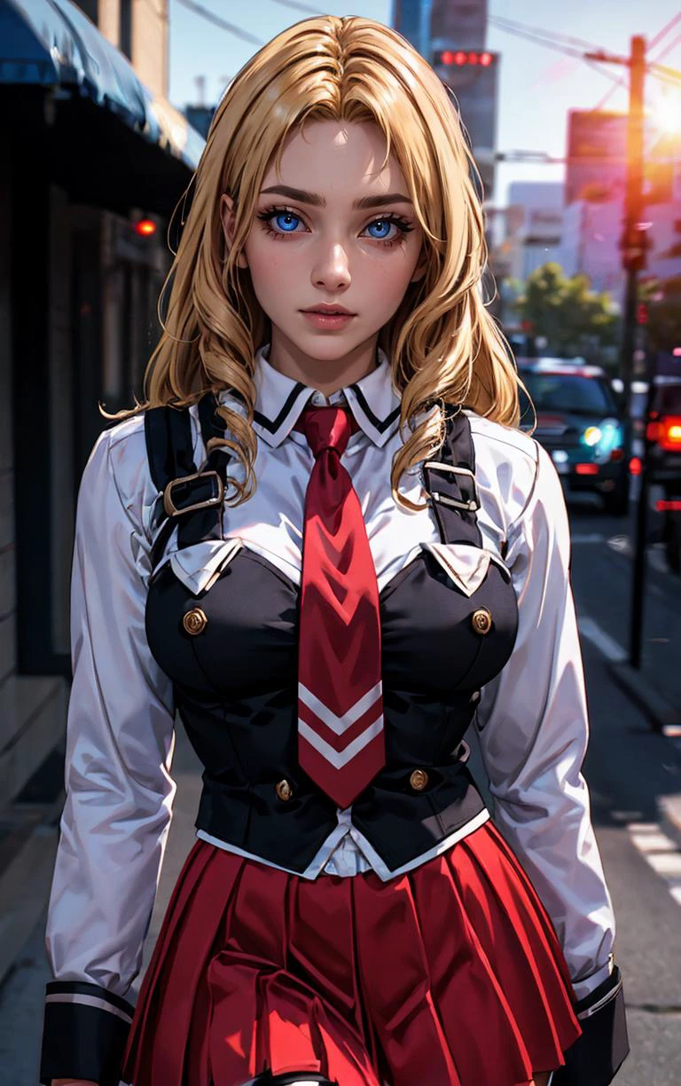 ((masterpiece, best quality)), insaneres, absurdres, solo, outdoors,
CLOTHING_BibleBlack_SchoolDress_ownwaifu,
1girl, blonde hair, long hair, blue eyes,
black vest, red skirt, white shirt, collared shirt, suspenders, school uniform, black thighhighs, zettai ryouiki, necktie, long sleeves, pleated skirt, red necktie,
(portrait, close-up)<lora:CLOTHING_BibleBlack_SchoolDress_ownwaifu:0.8>,
lens flare, depth of field, bokeh, embers, vanishing point, looking at viewer,