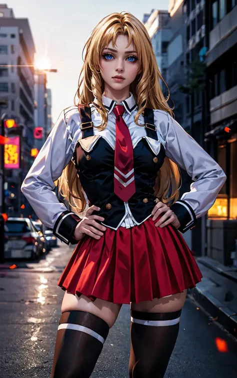 ((masterpiece, best quality)), insaneres, absurdres, solo, outdoors,
CLOTHING_BibleBlack_SchoolDress_ownwaifu,
1girl, blonde hair, long hair, blue eyes,
black vest, red skirt, white shirt, collared shirt, suspenders, school uniform, black thighhighs, zettai ryouiki, necktie, long sleeves, pleated skirt, red necktie,
(contrapposto, hand on hip)<lora:CLOTHING_BibleBlack_SchoolDress_ownwaifu:1>,
lens flare, depth of field, bokeh, embers, vanishing point, looking at viewer,