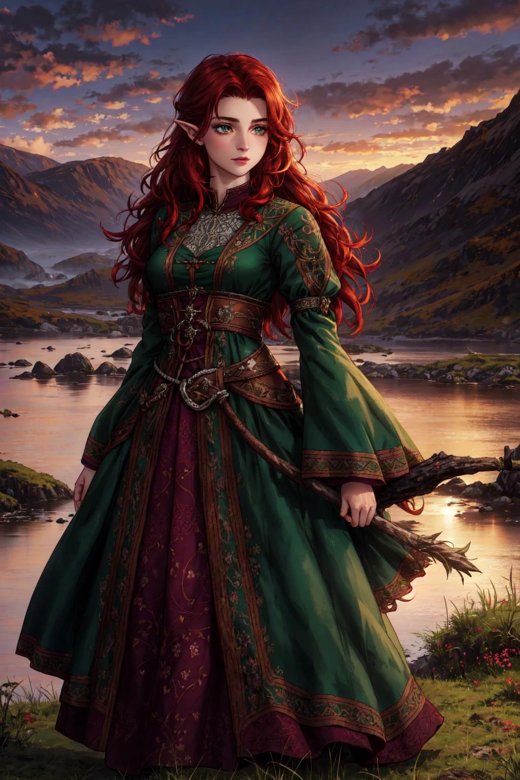 outdoor Scottish highlands,vivid sunset hues,fantasy setting. A striking redhead woman,(distinctly Scottish),wearing an elaborate elven-inspired gown. The gown is a fusion of deep emerald green and earthy browns,with intricate Celtic knotwork embroidery in gold thread.flowing sleeves,a fitted bodice,and a full,sweeping skirt that seems to blend with the rugged terrain. Her fiery red hair is styled in a cascade of loose curls. piercing green eyes reflect the wild beauty of the landscape. She stands atop a grassy knoll,overlooking a misty loch. In her hands,she holds an ancient,rune-carved staff,emanating a soft,otherworldly glow.