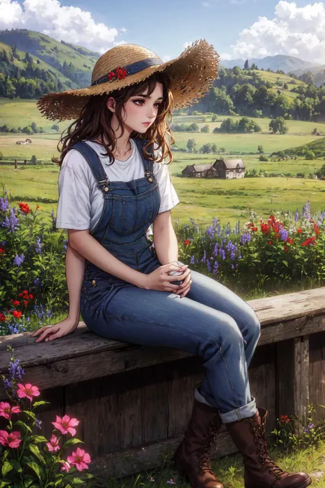 (quaint countryside setting, summer day), young adult woman, rustic casual summer fashion, (sitting on a wooden fence), thoughtful and serene pose, shoulder-length curly hair, light, sun-kissed makeup, (denim overalls over a simple white t-shirt), comfortable boots, (holding a straw hat), (background: rolling hills, a distant barn, wildflowers), soft sunlight, (sense of relaxation and connection with the rural landscape)